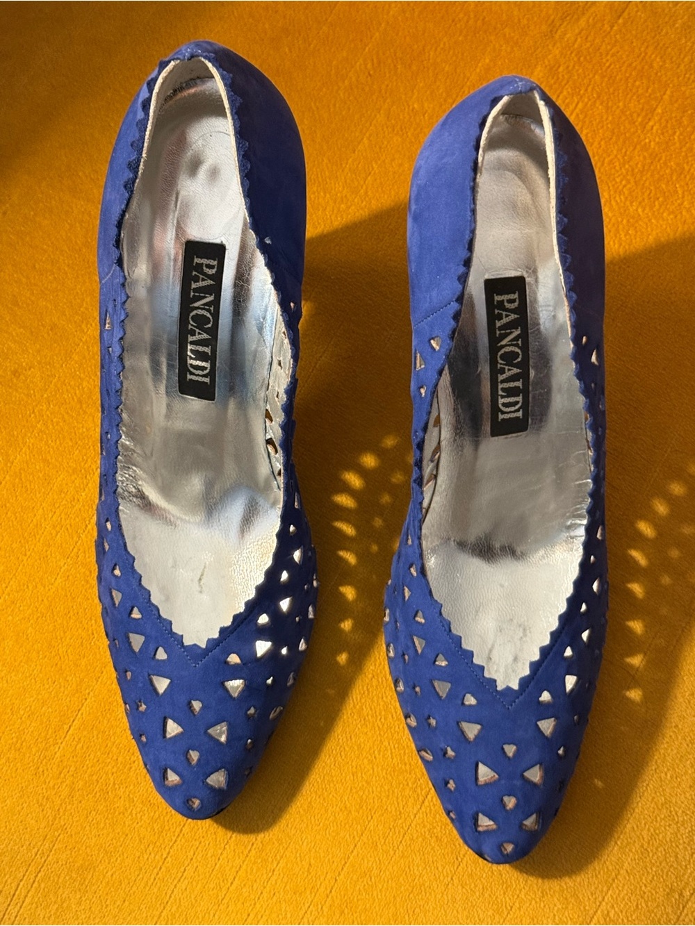 PANCALDI Cobalt Blue Cutout Suede Pointed High Heels Vintage Italian Designer